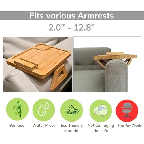 GIONG Large Sofa Armrest Tray Bamboo Sofa Tray Table Clip on Side Table for Wide Couch Foldable Couch with 360 Phone Holder (Natural, 15.8")