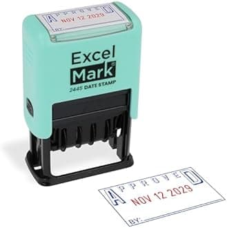ExcelMark 2445 Date Stamp with Text - Blue and Red Ink (Seafoam Mount, Approved)