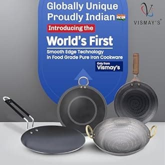 VISMAY'S 8 Litre 14.8 Inch Food Grade Iron Kadhai Wok Frypan Lohe ki Kadai Smooth Edges Riveted Handles Metal Spoon Friendly