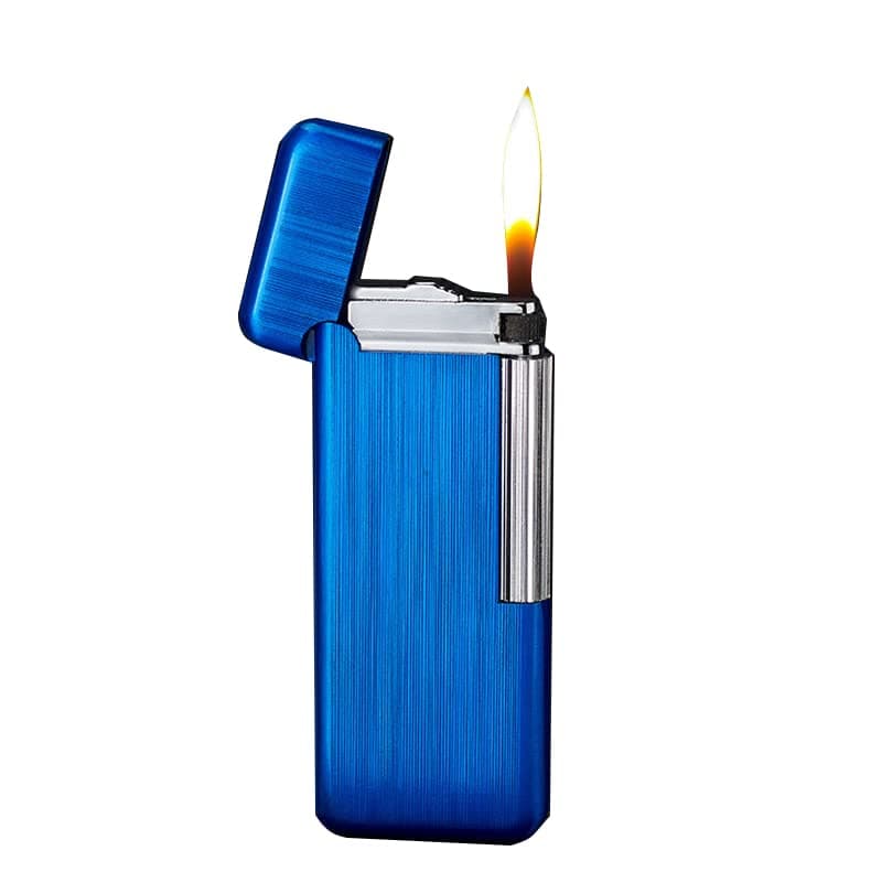 Slim soft flame lighter with Vertical Ignition Roller, Windproof Portable Slim Pocket Lighter, Metal Drawing Lighter,Wheel Flint Ignition Creative Gifts for Men (Blue)