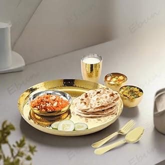 Ebun Heavy Gauge Stainless Steel Dinner Set | Gold PVD Plated Steel Thali Set | Stainless Steel Dinner Set for Kitchen | Pack of 1 | 7 Pieces | 2 Side Gold PVD Plated Thali