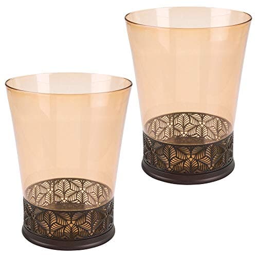 mDesign Decorative Round Trash Can Wastebasket, Garbage Container Bin with Leaf Design for Bathrooms, Kitchens, Home Offices � Pack of 2, Tinted Sand/Amber Body, Durable Rust Resistant Bronze Base