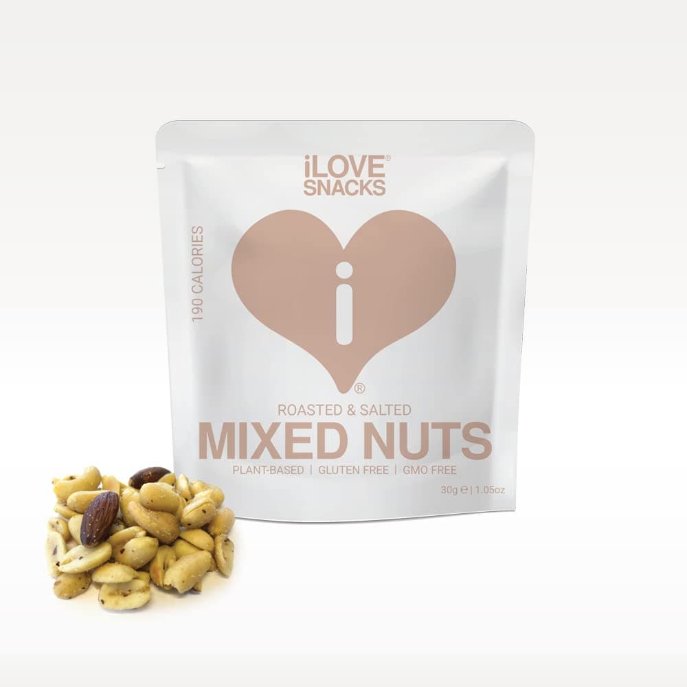 iLOVE SNACKS - Roasted & Salted Mixed Nuts, Peanuts, Almonds, Hazelnuts, Cashew Nuts, Gluten-Free, Plant-Based, Vegetarian, GMO Free, Healthy, Natural Protein Snack, Palm Oil Free, 15 x 30g