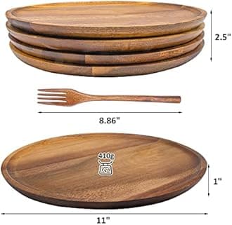 Wooden Plates, Wood Dinner Plates with Forks, Reusable Handmade Natural Wood Flatware Set for Cooking, Eating, Housewarming(Set of 4, Large 11" x 11")