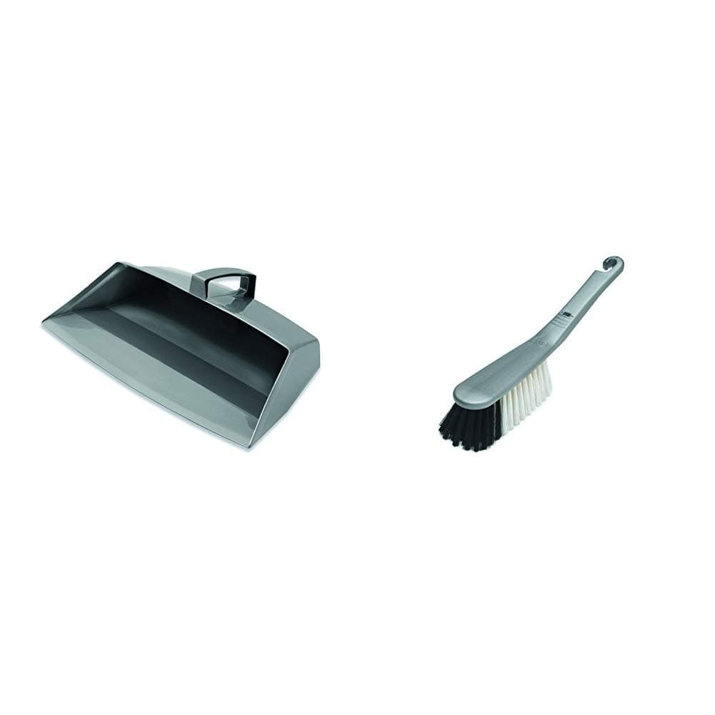Addis Closed Dustpan with Handle, Metallic & Soft Hand Brush, Metallic Silver