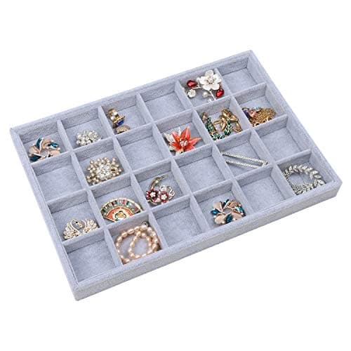 STYLIFING Jewelry Tray Showcase Display Organizer Holder Storage Stackable Grey Velvet 24 Grid Rings Earrings Necklaces Box Gifts for Girls Women