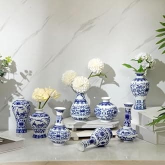 Dandat 8 Pieces Porcelain Vases Blue and White Ceramic Vase Mini Chinoiserie Vase Vintage Flower Vase for Home Living Room Bookshelf Decor (Fresh)