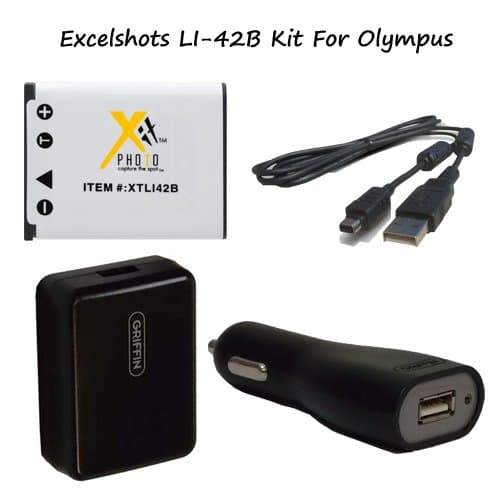 Excelshots Olympus Kit for LI-42B / Battery, AC Adapter , USB Cable and DC/Car Charger for Olympus Stylus 550WP, 700, 710, 720SW, 725SW, 730, 740, 750, 760, 770SW, 780, 790SW, 820, 830, 840, 850SW, 1040, 1050SW, 1200, 5010, 7000, 7010, 7030, 7040, Tough 3000, TG-310, TG-320 & Many More.
