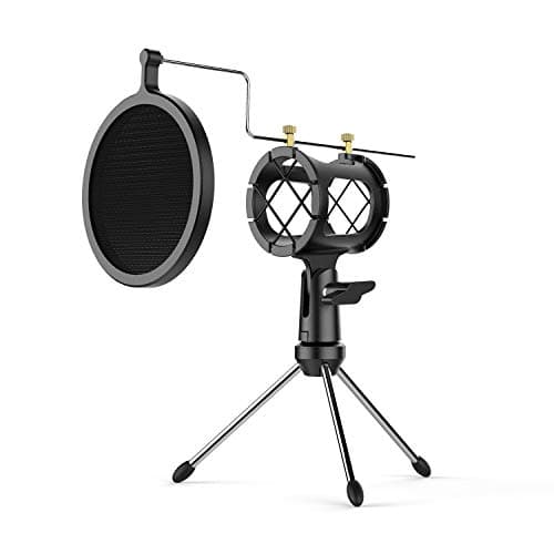 Aokur Microphone Shock Mount, with Pop Filter Metal Mesh Net, Condenser Shock Mount Holder Clip for Diameter 1.7 inch-2.0 inch Microphone, Screw Adapter for metal 5/8" male to 3/8" female