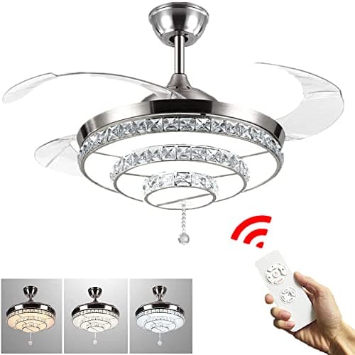 42" Modern Retractable Crystal Ceiling Fan with Light and Remote Control, Invisible Ceiling Chandelier, 3 Color 3 Speed Changes LED Fan Chandelier for Dinning Room, Living Room(Style 1-Silver)