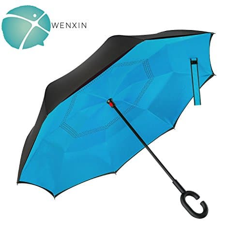 WENXIN Double Layer Inverted Umbrella with UV Protection, C-hook Reverse Folding Umbrella, Windproof for Hands Free, for Car Use, Golf, Large (Blue)