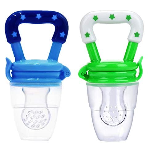 Baby Pacifier Food and Fruit Feeder, Silicone Teether, Small Size for Baby Boy 3-6 Months Old, Blue & Green - 2 Pack