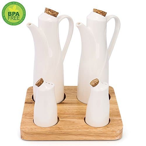2 Ceramic Olive Oil Dispenser - 2 Condiment Container Spice Jar, Perfect for Soy Sauce or Vinegar Cruet, Modern White Porcelain Pot for Kitchen Seasoning Liquid Bottle with a bamboo base- Set of 4