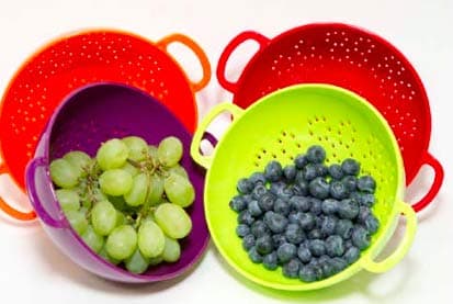 Mini Strainers for Kitchen - 4 Pack Berry Bowl Colanders & Food Strainers, Small Colander Strainer Sized 6" x 6"x 3" in Assorted Colors