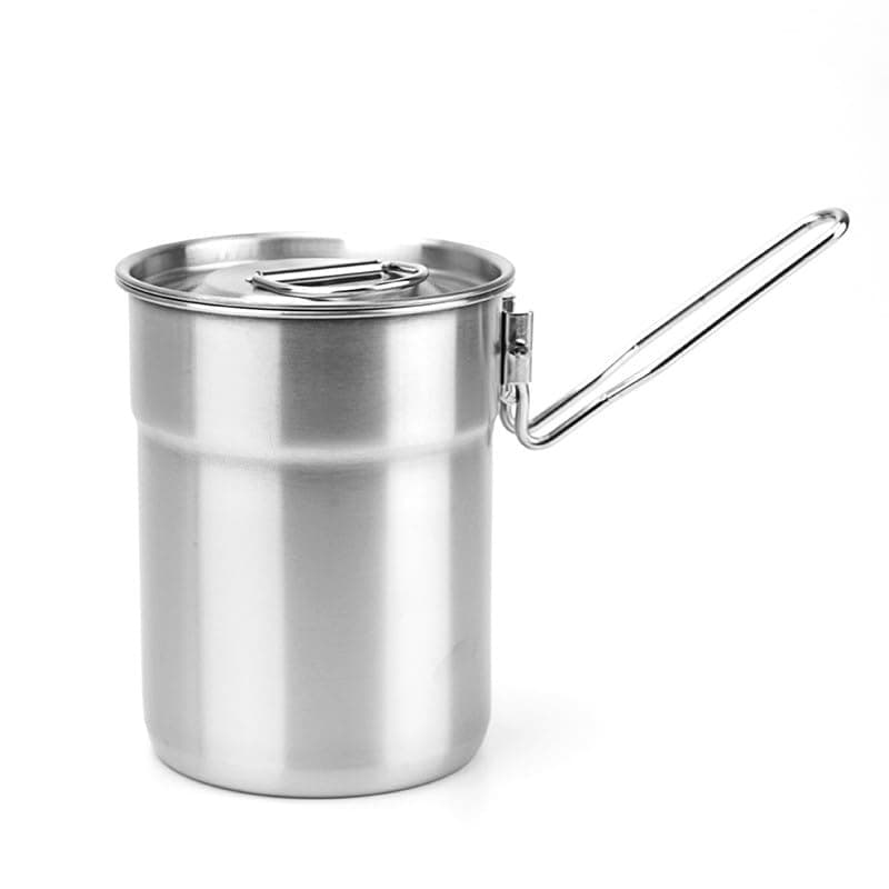 1L Stainless Steel Camping Kettle with Foldable Handle for Backpacking, Hiking, Picnics, Outdoor Cooking, Portable Camp Cookware, Silver
