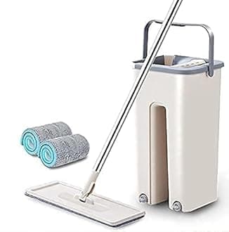 Heavy Quality Floor Mop with Bucket, Flexible Kitchen Tap Flat Squeeze Cleaning Supplies, 360° Flexible Mop Quiet, 2 Reusable Pads, White, Microfiber, Adjustment Office Home, Room (White)