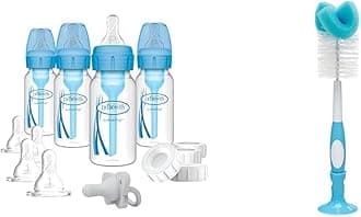 Natural Flow Anti-Colic Options+ Narrow Breast to Bottle Pump & Store Feeding Set with S & Reusable Sponge Baby Bottle Cleaning Brush with Suction Cup Stand