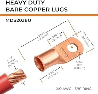 SELTERM 10pcs 2/0 AWG - 3/8" Stud - Battery Lugs, Heavy Duty Wire Lugs, Ring Terminals, Battery Cable Ends,00 Gauge Terminals, UL Bare Copper Eyelets Electrical Battery Terminal Connectors