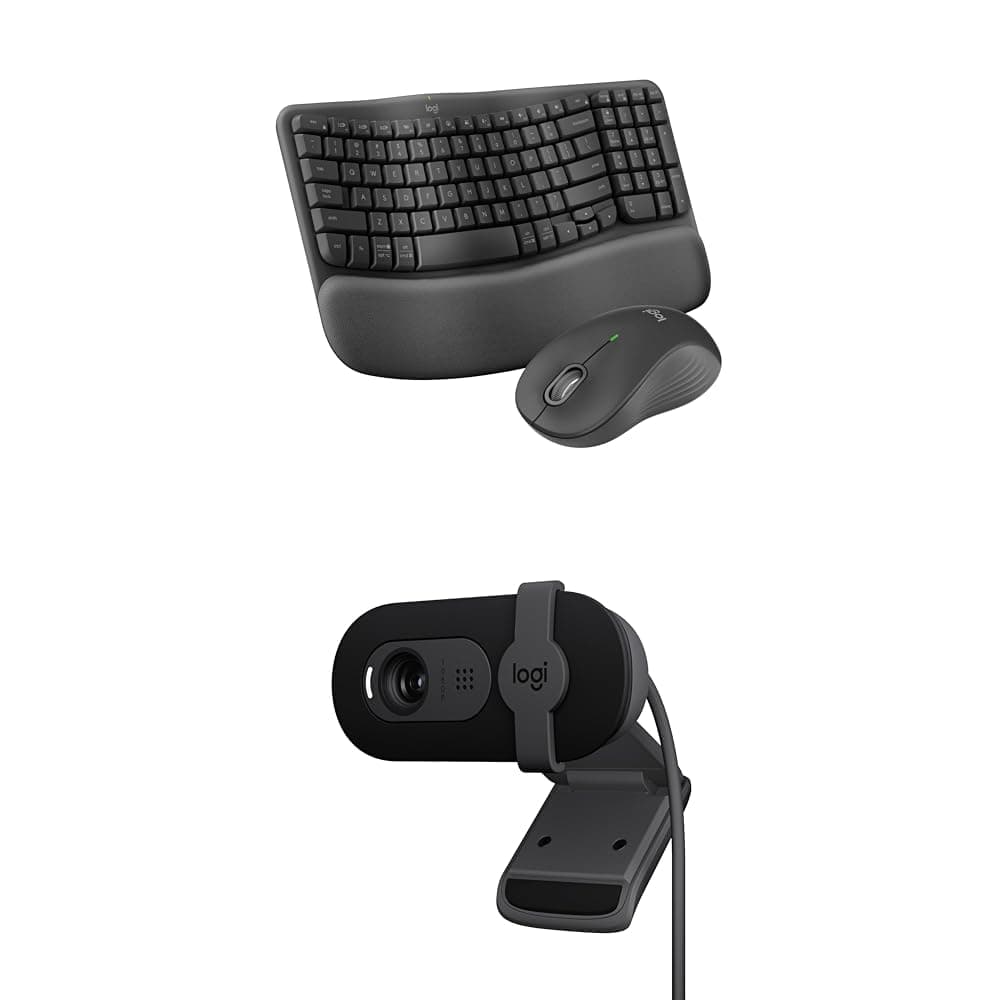 Logitech Wave Keys MK670 Combo, Wireless Ergonomic Keyboard for Multi-OS, Windows/Mac + Brio 101 Full HD 1080p Webcam for Meetings and Streaming with Auto-Light Balance, Built-in Mic, Privacy Shutter