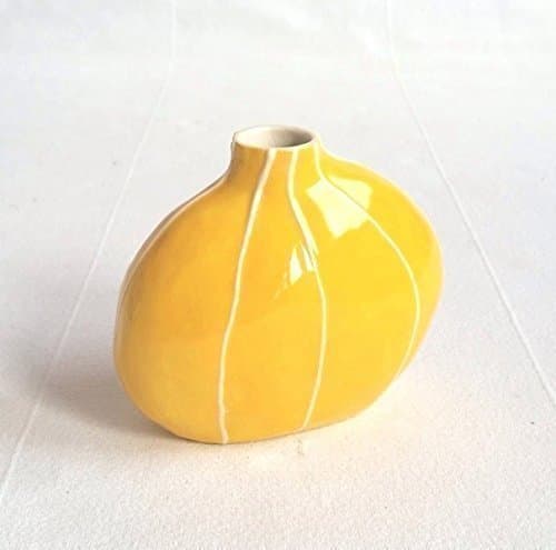 Ceramic bud vase by kri Kri Studio Small round organic form. Simple modern style. Yellow with raised white stripes
