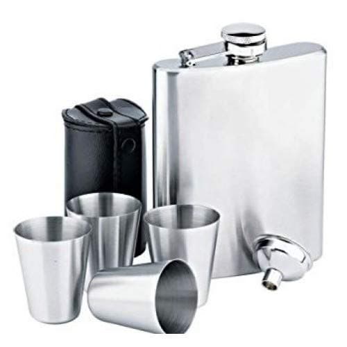 Vagmi 7 OZ Silver FLACHMANN Set, 1 Hip Flask, 4 Shot Glasses, 1 Funnel, Silver Hip Flask Set for Men and Women
