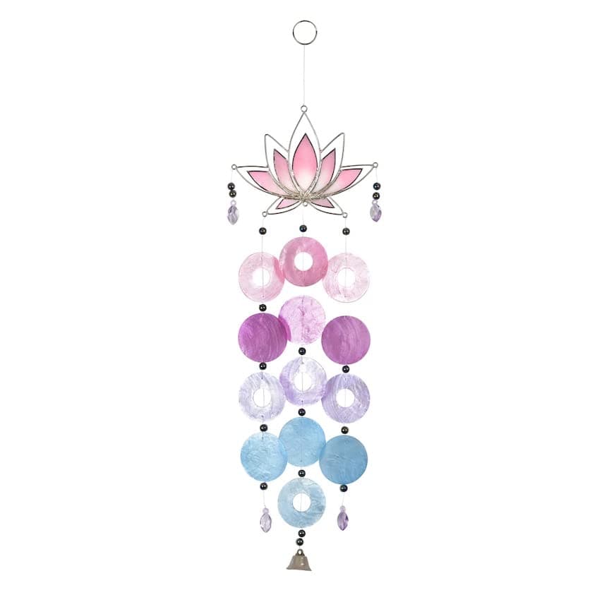 OM Gallery Capiz Shell Wind Chime - Colorful Wind Chimes, Beach Hawaiian Wind Chime Sea Shell Chime For Outside and Inside, Gift for Patio Garden and Yard, Lotus Blue - Pink