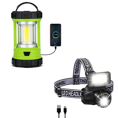3000LM 5 Light Modes Rechargeable Camping Lantern & COB 90° Adjustable Rechargeable LED Headlamp Flashlight