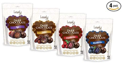 Premium Dark Chocolate Covered Fruit Assortment (4-Pack) - Lovely Candy Co. (4) 6oz Bags - Cranberries, Blueberries, Dates & Figs | NON-GMO, NO HFCS, Kosher & Gluten-Free | Crafted in the USA!