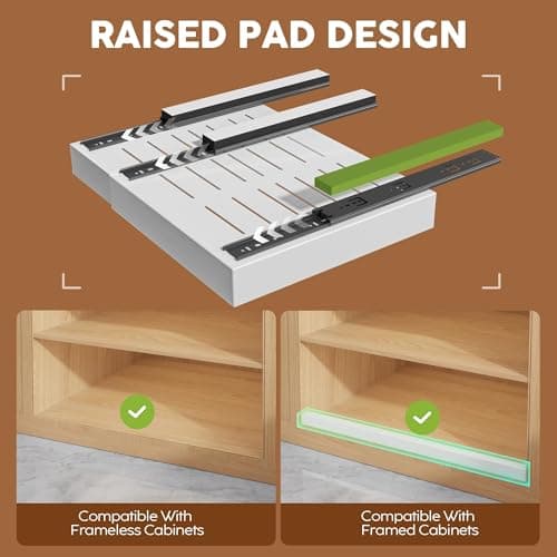 2 Pack Expandable Pull Out Cabinet Organizer 21"Deep With Raising Pad for Framed Cabinets,Upgrade 3 Slide Rails Slide Out Drawers,Roll Out Shelves Adhesive,Adjustable Width 15.15"-26.3" White