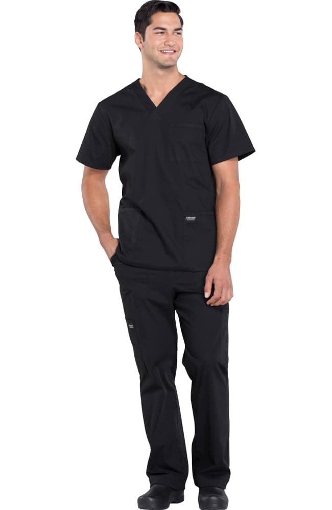 Scrub Set for Men from, 4 Pocket V-Neck Scrub Top WW695 with 5 Pocket Tapered Leg Fly Front Cargo Pant WW190