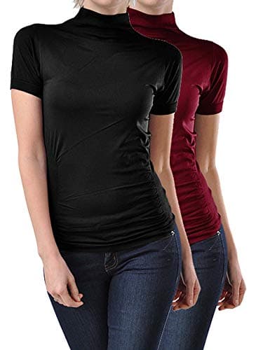 Kuda Moda 2 Pack Women Seamless Short Sleeve Mock Neck Turtleneck Blouse Top Tee Shirts