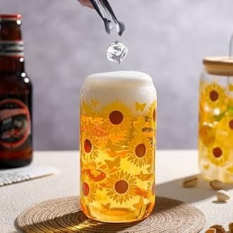 Glass Cups with Lids and Straws with Design Sunflower 4 pcs,Clear Glass Cups 16 oz-DWTS Drinking Glasses Set,Glass Tumbler,Cute Design Glass Iced Coffee Cups with Lids and Straws