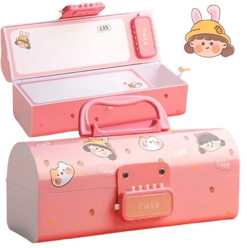 Pencil Cases/Pencil Box with Code Lock Pen Case Kids Pencil case Style Password Lock Pencil Box Case Multi-Layer Pencil Box for Boys Girls (Cute_Pink_Pencil Case)