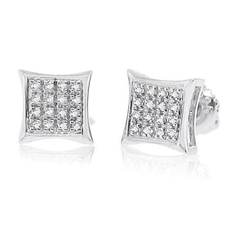 Natural Diamond Square Micro Pave with Kite Box Border Sterling Silver Stud Fashion Earrings (0.06 ctw)