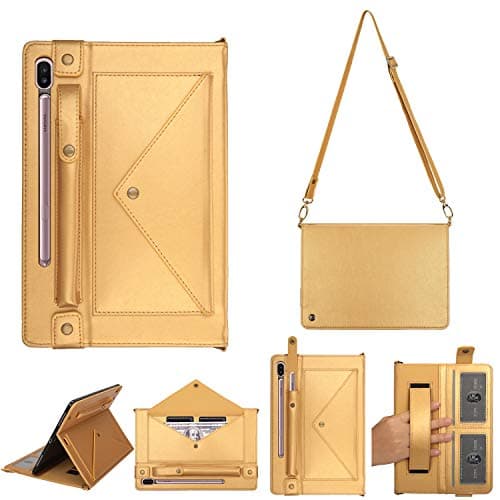Galaxy Tab S6 10.5 Cases 2019, PU Leather Protective Cover w/Card Slot Pocket/Pen Holder/Hand Strap/Buckle Closure Shoulder Bag Book Case for Samsung Galaxy Tab S6 10.5 SM-T860/T865/T867,Gold
