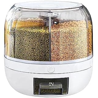 Grain Storage Container Dispenser, 22Lbs rice dispenser rotating, 360° rotating food dispenser One-Click Output rice Storage Round Grain Dispenser Kitchen for Small Grains, Beans, Rice
