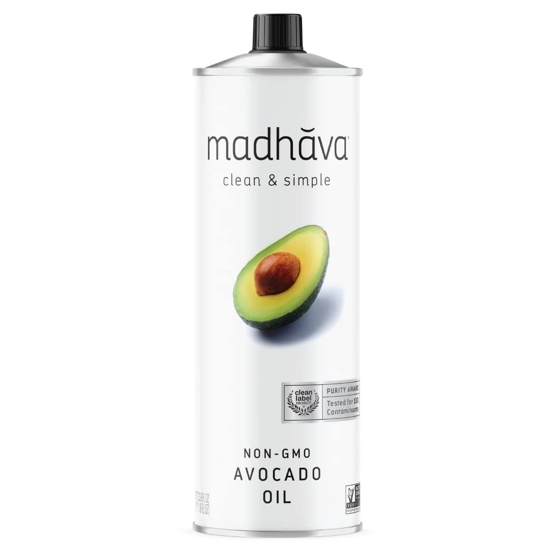 MADHAVA Avocado Oil (33.8 oz, 1L Tin), Single Source, 100% Pure, Neutral Flavor, High Heat Cooking Oil, 520-Degree Smoke Point, Non-GMO