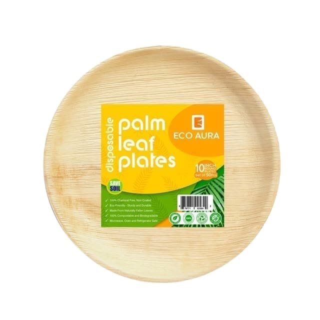 ECO AURA Presents Compostable Natural Palm Leaf Plates. Biodegradable, disposable, and like bamboo plates. Perfect for Parties, Weddings, and Events. [20-pack] 10 Inches Round