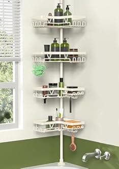 KEGII Shower Corner Caddy Tension Pole, Rustproof Corner Bathroom Organizer, No Drilling Bathtub Shelf for Inside Shower, Waterproof Bathroom Tub Organizer, Fits 25-114.2 Inch Height, Cream White