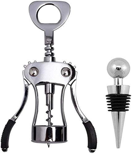 Upraded 2 in 1 Wing Corkscrew with One Pack Wine Bottle Stopper,Multifunctional Corkscrew Wine Cork Opener Bottler Opener Remover for Home, Kitchen,Restaurant,Party and as Gift,Silver