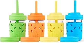 Kids + Toddler Glass Cups | The Original 8oz Glass Mason Jar with Sleeves + Lids | Silicone Straws + Stopper | Smoothie Cup | Food Storage | Spill Resistant | Dishwasher Safe | 4 Pack