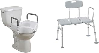 Drive Medical RTL12027RA 2-in-1 Raised Toilet Seat with Removable Padded Arms & 12011KD-1 Tub Transfer Bench for Bathtub, Height Adjustable Shower Bench