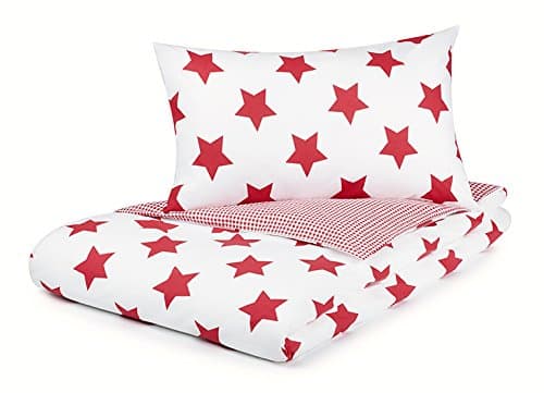 Pixie and Jack Single Duvet Cover Set, Red Stars with Red Gingham Reverse