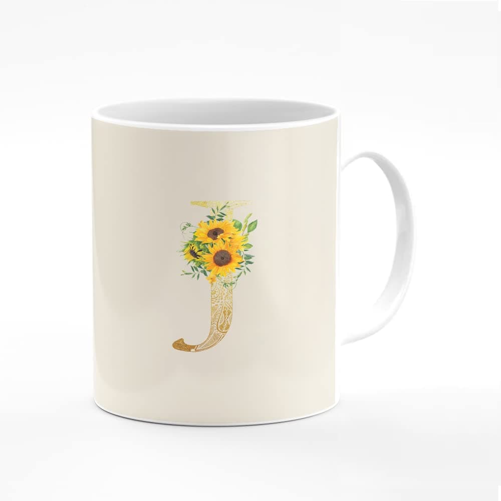 StylizeddDesigner Printed Coffee Mug 11oz Ceramic Personalised Gift Mugs Cup -Custom Monogram Initial Letter Floral Pattern Alphabet - J (Albescent White)