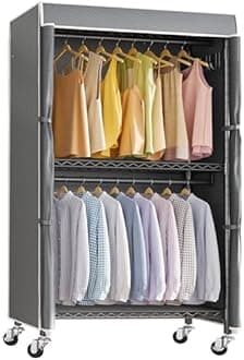 VIPEK R2C Medium Rolling Garment Rack with Cover Heavy Duty Clothes Rack Adjustable Clothing Rack for Hanging Clothes Portable Closets with Double Rods, Wardrobe on Wheels, Black Rack with Grey Cover