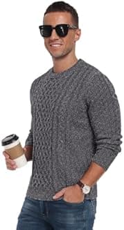 Askdeer Men's Pullover Sweater Fisherman Cable Knit Crewneck Sweater Winter Casual Knitted Sweaters with Ribbing Edge