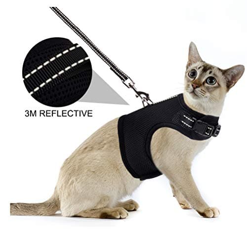 PUPTECK Cat Leash Reflective Escape Proof Harness - Black Soft Mesh Adjustable - Best for Walking