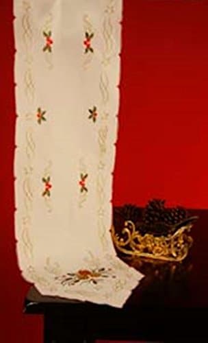 DECK THE HALLS 65" EMBROIDERED TABLE RUNNER-PINE CONES & HOLLY BERRIES-HOLIDAY GIFT ENTERTAINING-WINTER CHRISTMAS DECOR-DINING ROOM