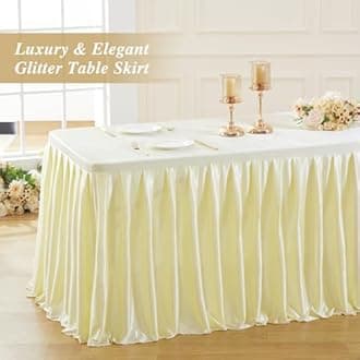 4ft Champagne Satin Tablecloths for Rectangle Tables - Shiny Spandex Party Table Cover with Pleated Table Skirt, No-Wrinkle & Glossy Wedding Tablecloth One-Piece for Birthday Baby Shower Banquets