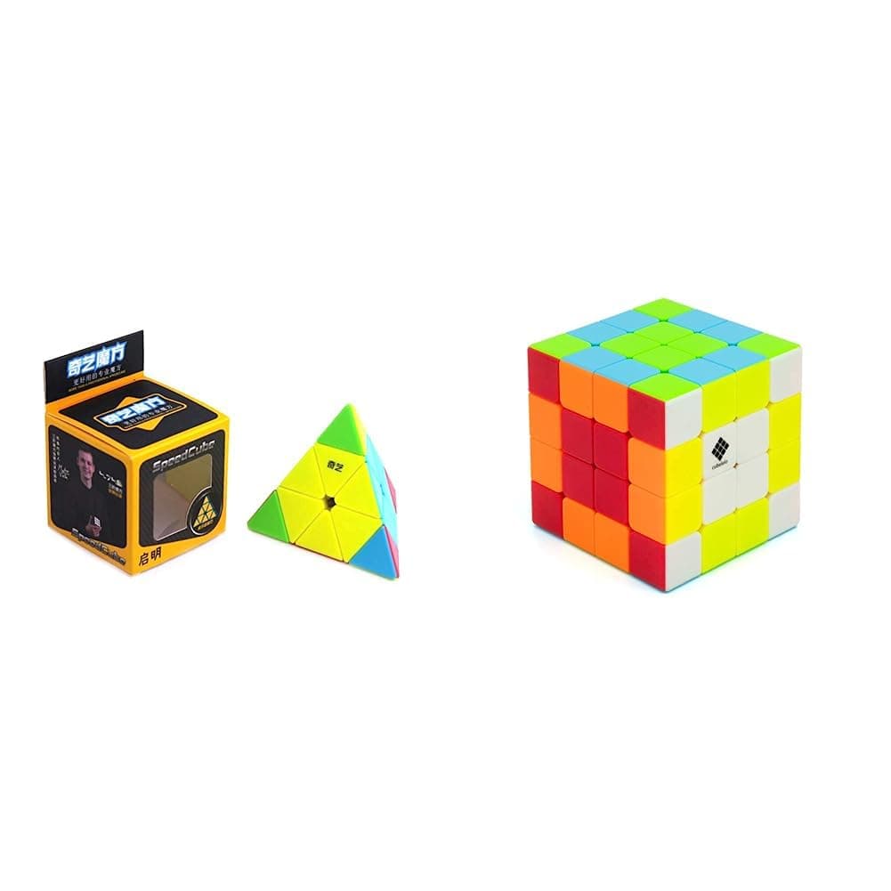 CubeleloQiYi Qiming Pyraminx Speedcube Puzzle(Multicolor) & Cubelelo Drift 4x4 Stickerless Cube | Speed Cube for Kids & Adults | Magic Speedy Stress Buster Brainstorming Puzzle (Multicolor)